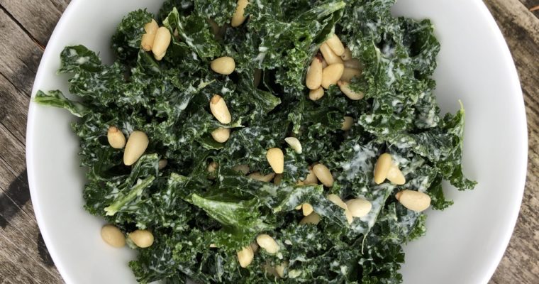 Simple & Quick Kale, Tahini & Pine Nut Salad